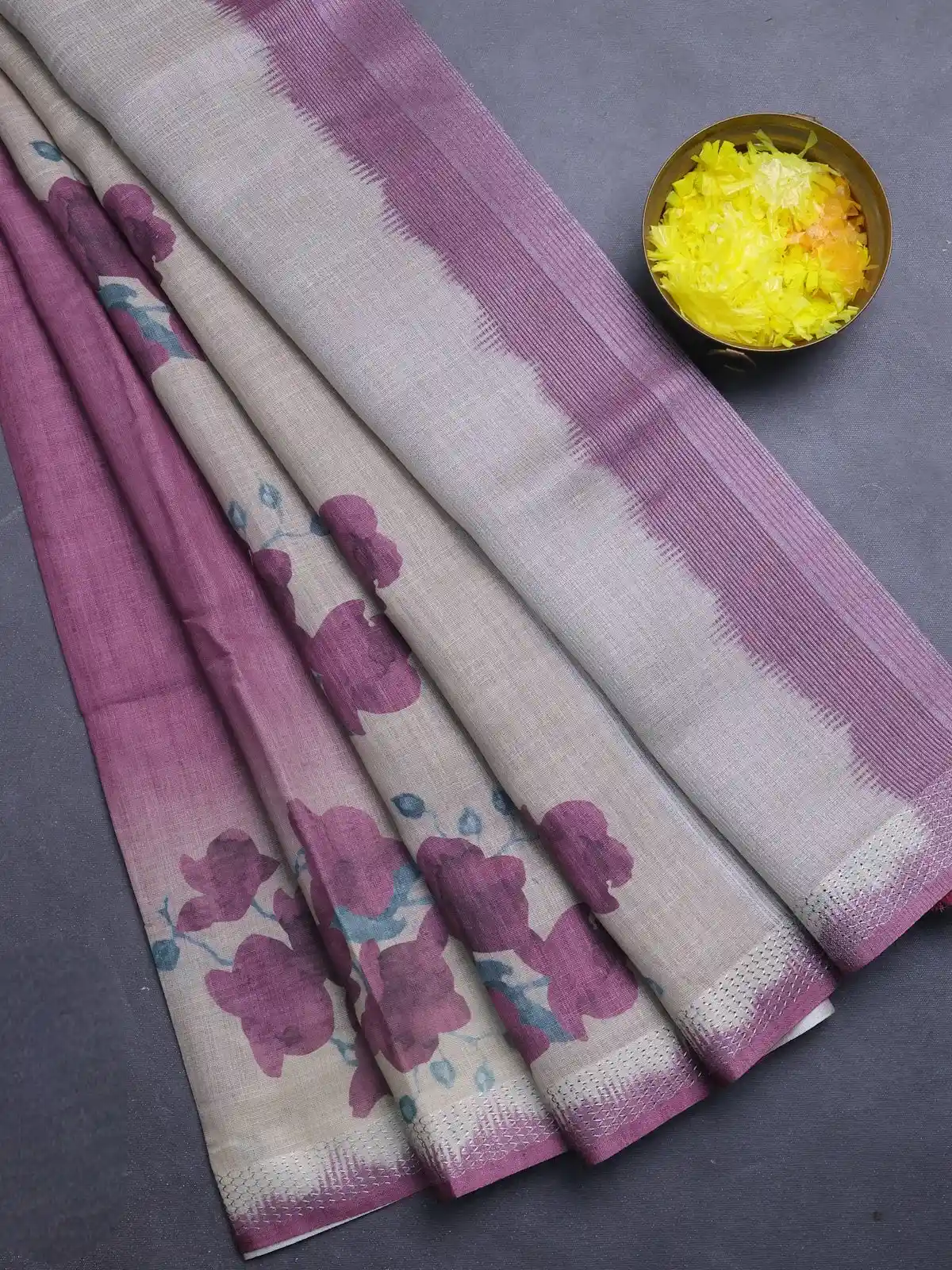 Purple and Beige Floral Printed Silver Zari Art Linen Cotton Saree